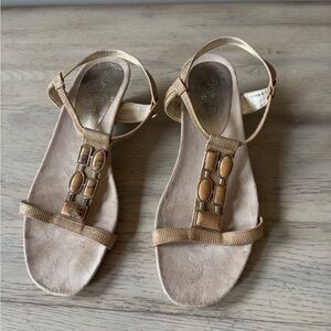 Cream T-Strap Sandals with Metallic Ornament
